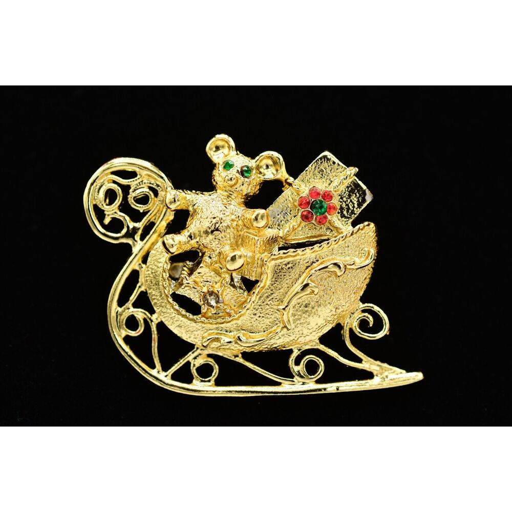 Vintage Christmas Pin Brooch Santa's Sleigh Toys Teddy Presents Holiday Bin5B